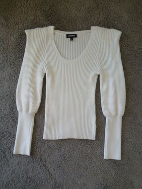 Express White Cream Ribbed Knit Puff Sleeve Statement Shoulder  Sweater Medium